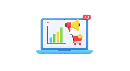 A blue laptop displaying a chart, megaphone, and shopping cart icon