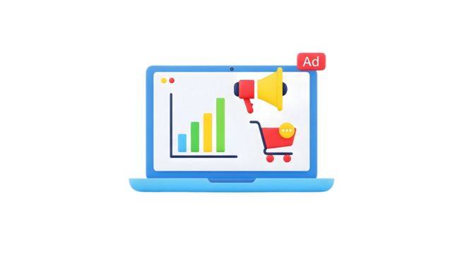 A blue laptop displaying a chart, megaphone, and shopping cart icon