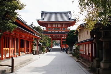 Japanese temple path, vibrant orange/red buildings, serene