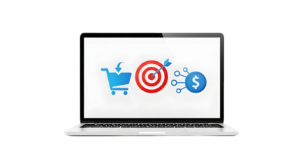 Laptop displaying online shopping target and money distribution icons