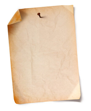 Old paper vintage background. Nailed old paper. Old sheet of paper pinned. 