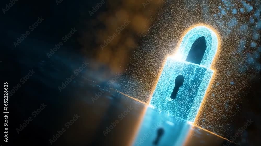 Poster cybersecurity illuminated: a vibrant and dynamic digital lock glows against a dark background, symbo