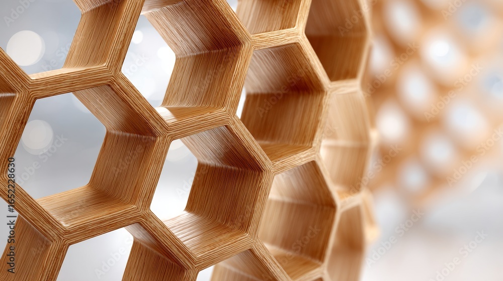 Poster a detailed 3d rendering showcasing a wooden honeycomb structure with intricate geometric patterns an