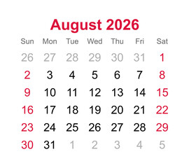 Monthly calendar of August 2026 on transparent background