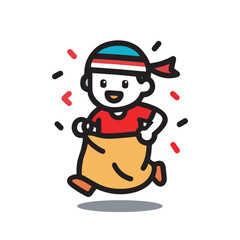 Cute Line Art Illustration of Sack Race Competition in Indonesian Independence Day Celebration