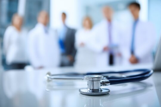 medical team working together with stethoscope lying