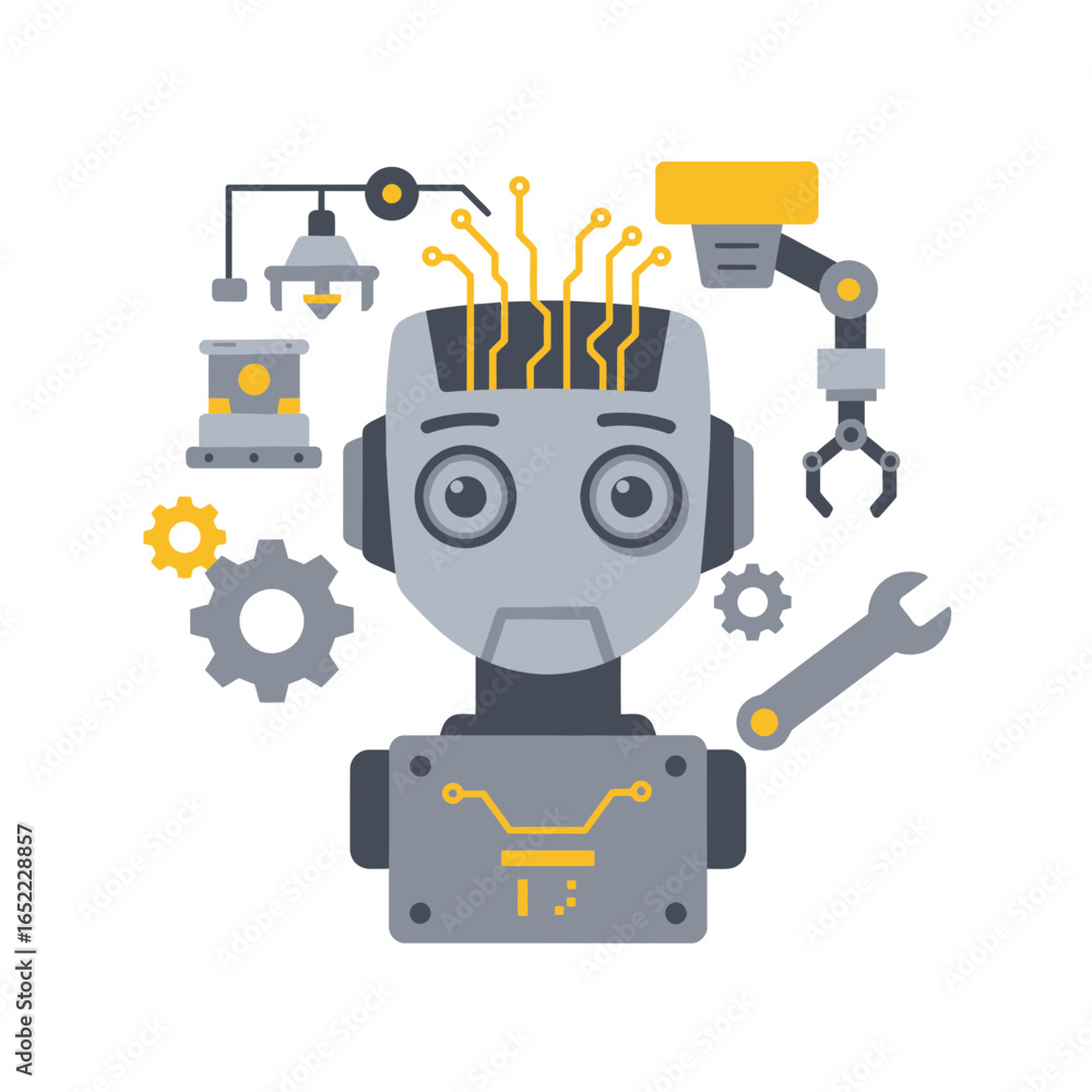 Poster friendly robot head surrounded by gears, wrench, and other mechanical components, concept for artifi