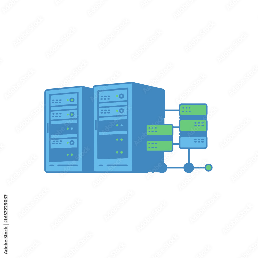 Poster illustration of two blue server racks connected to smaller green data units, concept for cloud infra