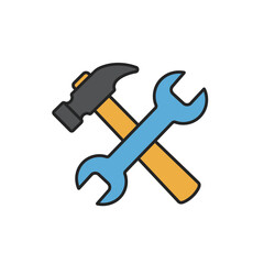 Illustration of crossed hammer and wrench with outline, concept for repair service, maintenance and tool supplies