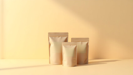 Minimalist flat lay composition featuring three identical paper pouches on a simple background