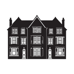 Fototapeta premium Elegant Victorian Townhouse Facade Black and White Silhouette Detailed Architecture Illustration Urban Living Design and Style