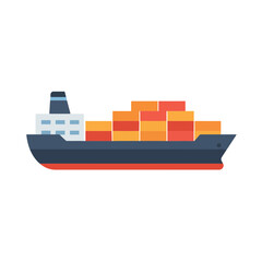 Obraz premium Cargo ship with container stacks on deck in flat vector style, concept for global trade, import and export logistics, and maritime transportation