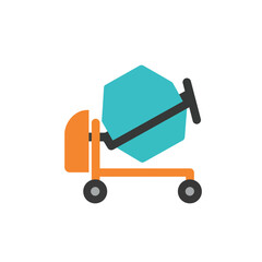 Vibrant cartoon cement mixer with blue drum and orange frame on white backdrop, concept for construction equipment advertising, building industry visual, and renovation illustration