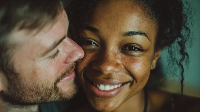 portrait of attractive couple embracing each other closeup loving multiethnic couple embracing and kissing closeup face of cheerful boyfriend and african girl cuddling in love at home no logos no bra