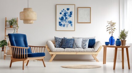 white living room with wood sofa blue armchair lamps posters no logos no brands ar 169