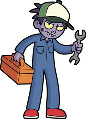 Cartoon repair character, purple skin, green cap, blue jumpsuit, orange toolbox, wrench hand, mischievous look, comic style, handyman monster