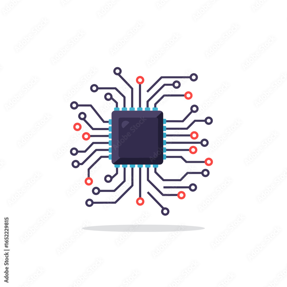 Poster dark blue integrated circuit on white background with various electrical components, concept for com