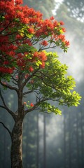 Naklejka premium Vibrant tree with red and green leaves bathed in soft sunlight in a misty forest
