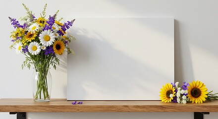 Vibrant Summer Meadow Bouquet and Sunflowers on Wooden Shelf with Blank Canvas