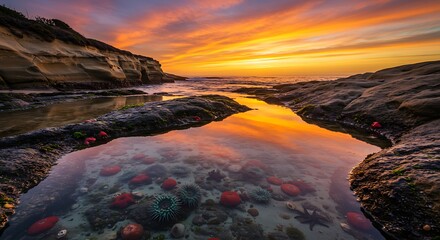 Vibrant Tide Pool Ecosystem at Sunset with Colorful Sea Anemones and Dramatic Sky