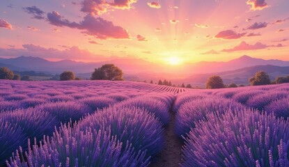 Fototapeta premium A lavender field at sunset with mountains in the background and pink clouds in the sky above fields