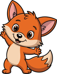Obraz premium Cheerful cartoon fox character waving, orange fur with white belly and tail tip, cute animal mascot for kids content
