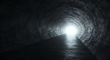 View from inside a dark, round concrete tunnel leading to a bright light at the end.