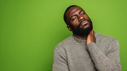 Obraz premium sad fatigue man concentrated down keeps hand on neck has thoughtful expression thinks how to solve problem being in despair dressed casually poses over vivid green background copy space no logos no b
