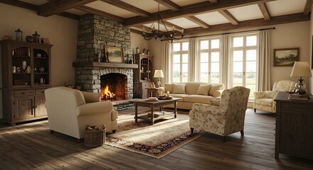 Warm Rustic Retreat: Sunlit Living Room with Grand Stone Fireplace and Beamed Ceiling
