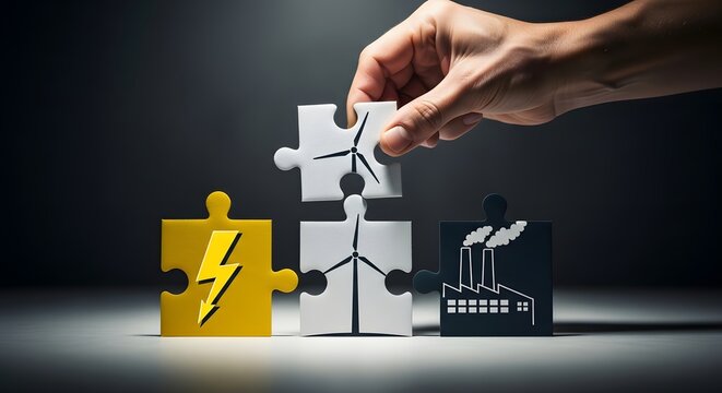 Hand assembling a puzzle of renewable energy, connecting wind power with industrial factories for a sustainable future