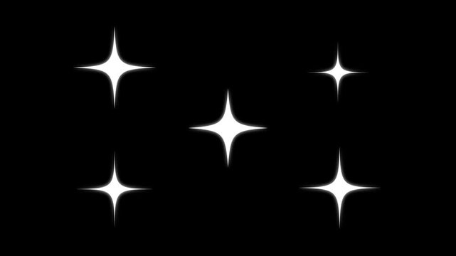 Sparkling, twinkle star animation, glitter starlight shine, white cartoon doodle style flat vector stars, glowing twinkle light, and blinking sparkle effect looping on a black background video. 4K