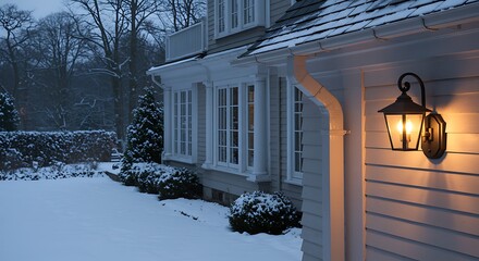 Welcoming Lantern Illuminates a Snow-Dusted Home at Dusk