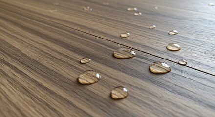 Water droplets resting on a textured wooden surface with visible grain