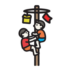 Flat Lineart Pole Climbing Competition Traditional Game Celebration Illustration