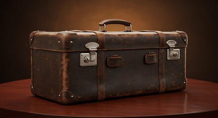 Well-Traveled Vintage Leather Suitcase with Worn Patina on a Wooden Table