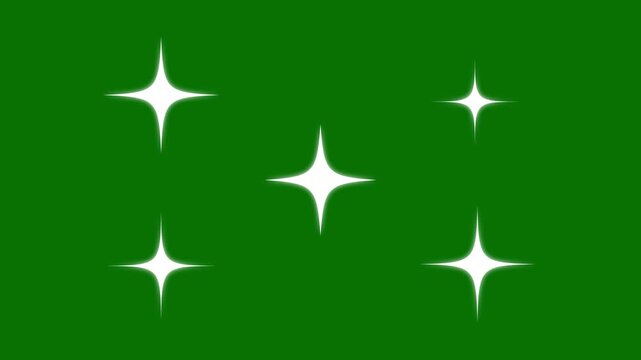 Sparkling, twinkle star animation, glitter starlight shine, white cartoon doodle style flat vector stars, glowing twinkle light, and blinking sparkle effect looping on a green background video. 4K