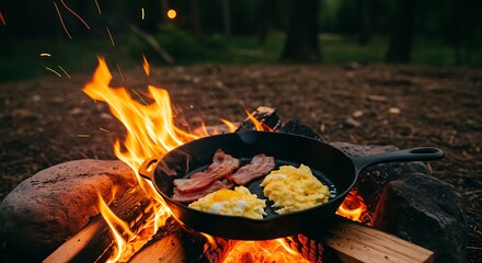 Wholesome Bacon and Scrambled Eggs Sizzling in Cast Iron Skillet Over Campfire Flames