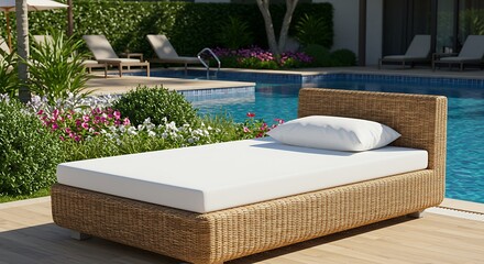 Wicker chaise lounge with white cushion by a sparkling blue swimming pool and lush garden