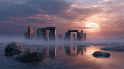 Ancient stone circles surrounded by mist reflect in water at sunset with birds flying overhead, creating a mystical and historical atmosphere.