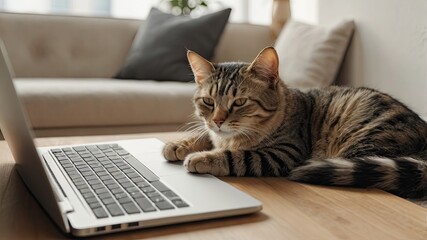 A fluffy gray cat rests its paw on an open notebook filled with handwritten notes. The scene is cozy and inviting, perfect for a study or home office setting.