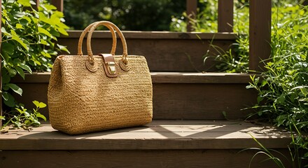 Woven Straw Tote Bag with Leather Accents on Wooden Steps Surrounded by Greenery