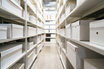 A storage room or warehouse aisle with tall metal shelves filled with rows of identical, unlabeled white cardboard boxes