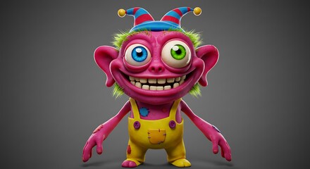 Zany Pink Monster with a Jester Hat, Manic Grin, and Mismatched Eyes