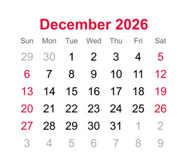 Monthly calendar of December 2026 on transparent background