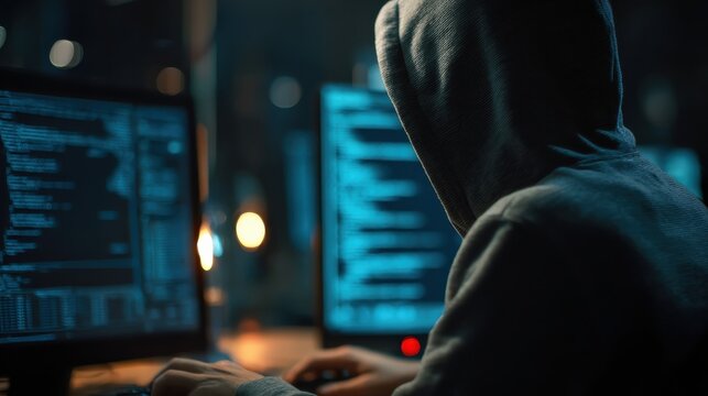 side view of hacker using computer with digital interface while sitting at desk of blurry interior hacking and information concept no logos no brands ar 169