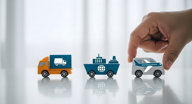 Concept of global logistics network with a hand selecting air freight next to sea and land transport for shipping and delivery
