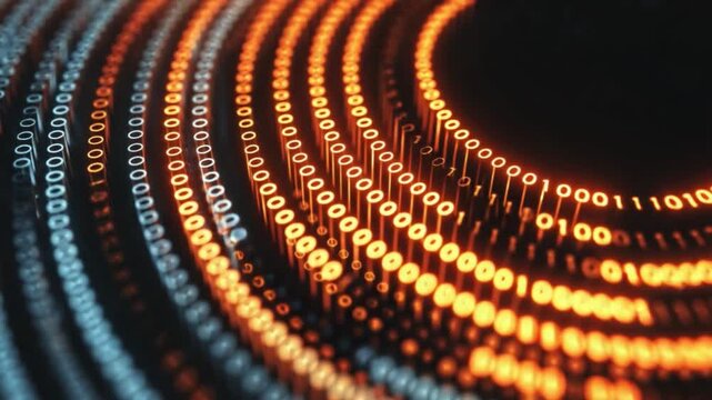 Binary Code of Digital Data: Abstract close-up of a binary code forming circular patterns, representing the flow and processing of information.
