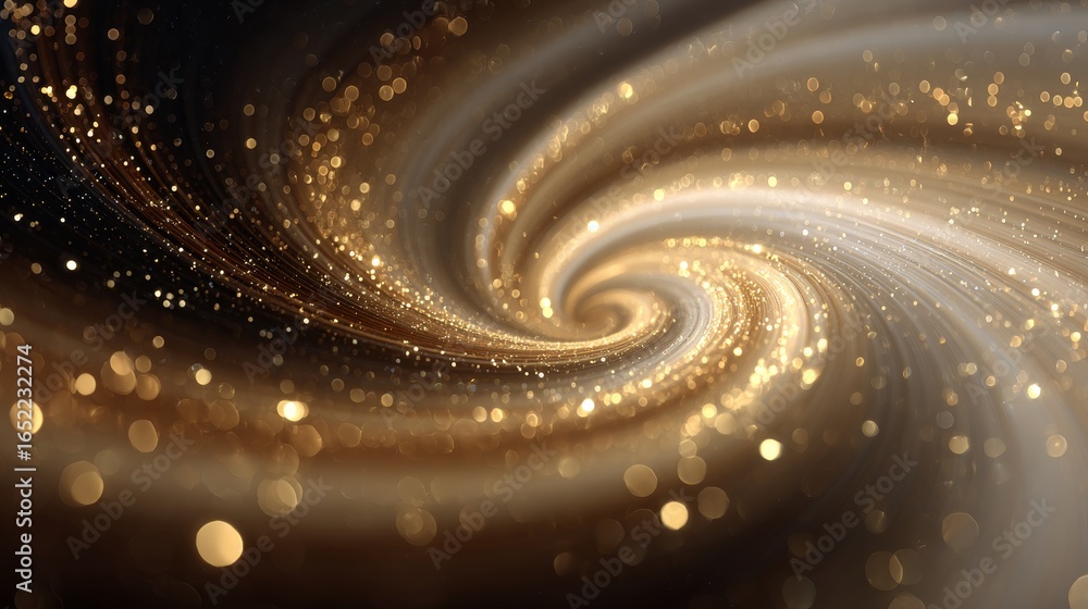 Poster an abstract cosmic vortex features a golden swirl of light particles, creating a dynamic and luminou