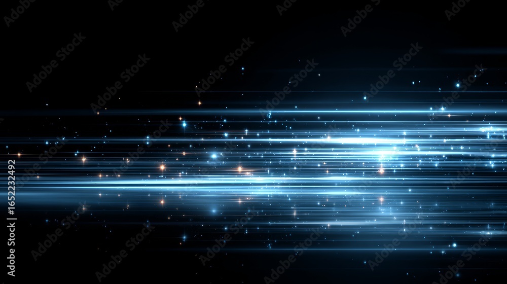 Poster abstract digital background featuring blue light streaks and particles, representing futuristic tech