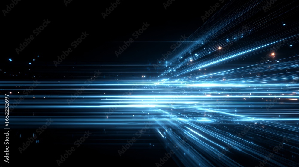 Poster dynamic abstract light streams with particle effects, representing digital network and future techno
